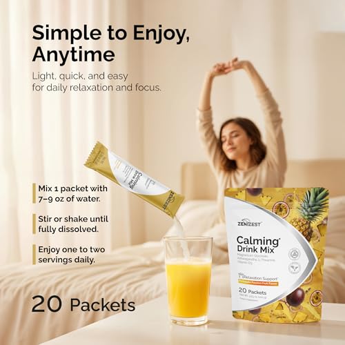 Image of Calming Drink Mix Powder - Natural Cortisol Balance Calm Sleep Stress Support Supplement with Magnesium Glycinate Ashwagandha L-Theanine Vitamin D3 - Pineapple Passion Fruit Flavor 20 Packets