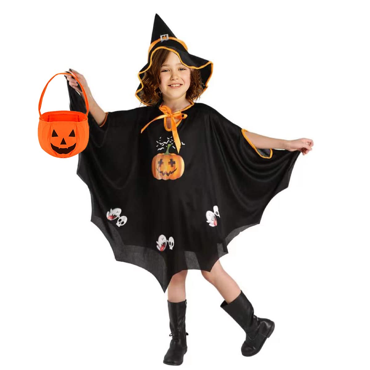Kinder Halloween Kostüm – Hexen Umhang Mit Hut, Kürbis-Tasche & 20 Tattoos | Gruselig-süßes Set Für Jungen & Mädchen