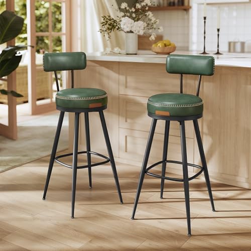 VASAGLE EKHO Collection - Bar Stools Set of 2, Swivel Bar Height Bar Stools with Back, Synthetic Leather with Stitching, Mid-Century Modern, 30-Inch Tall Barstools for Kitchen Home Bar, Fore
