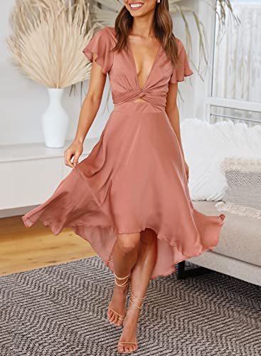 Image of miduo Womens Satin V Neck Ruffle Short Sleeve Tie Front High Waist Midi A-Line Maxi Dresses