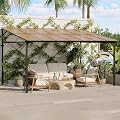10'x 14'Wall Mounted Gazebo, Hardtop Lean-to Pergola with Polycarbonate Roof, Heavy Duty Outdoor Patio Awnings for Deck, Porch, Backyard, Garden, Weather Resistant, Brown