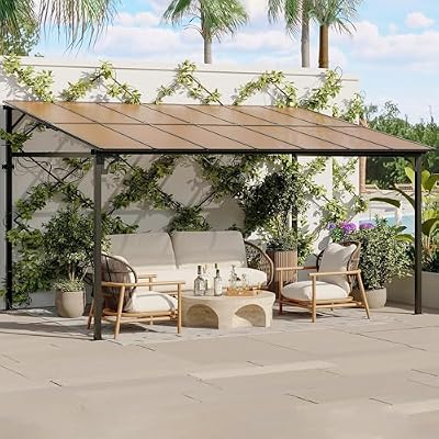 10'x 14'Wall Mounted Gazebo, Hardtop Lean-to Pergola with Polycarbonate Roof, Heavy Duty Outdoor Patio Awnings for Deck, Porch, Backyard, Garden, Weather Resistant, Brown