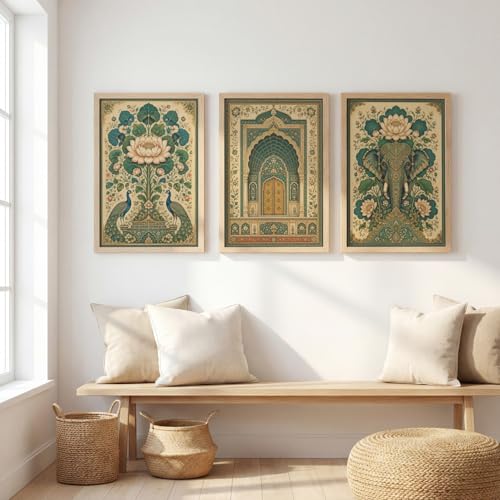 Image of NoWorries Elephant Peacock Wall Art Set of 3 Framed Prints | Indian Traditional Lotus Floral Painting, Royal Palace Arch Poster, Vintage Rajasthani Ethnic Wall Decor for Living Room Bedroom Home (Synthetic Engineered Wooden Frame) (MIN -5, 13x17 inches)