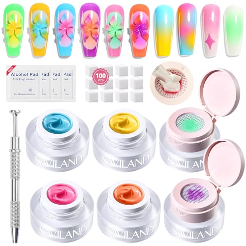 Image of SAVILAND Cushion Patting Gel Polish Kit: 6 Colors Pat Pat Gel Colorful Ombre Painting Gels with 100PCS Sponges Pigmented No Wipe Pats Gels Polish Palette Gradient Blush Aura Nail Art Home Salon Use