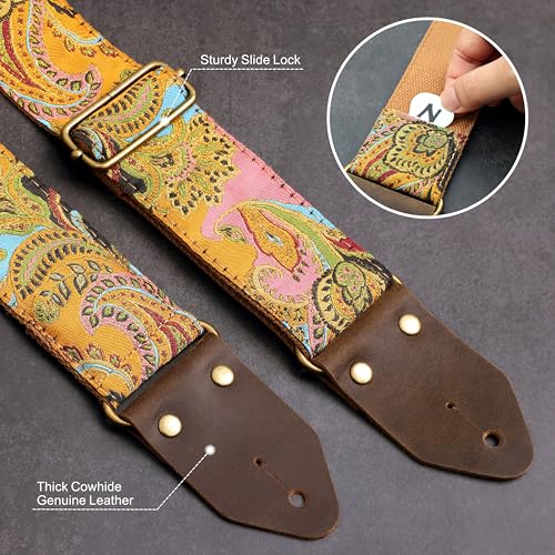 Image of Nefelibata Guitar Strap,Crazy Horse Leather Jacquard Embroidery Cotton Guitar Straps for Bass, Electric & Acoustic, Best Gifts for Guitarists(Golden Silk Golden Flower)
