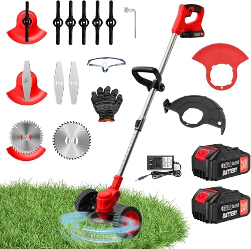 24V Electric Weed Wacker Grass Trimmer with 2pcs Batteries & Fast Charger, 3 in 1 Stringless Lightweight Brush Cutter/Edger/Mower with 3 Types Blade & Wheels for Garden and Yard Lawn