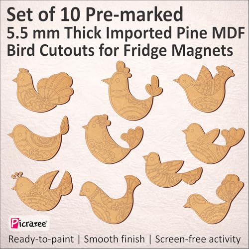 Image of PICRAZEE DIY Kit for Kids & Adults - Bird Fridge Magnet Painting Kit (10 Designs) | Ready-to-Paint 5.5 mm Thick Wooden DIY Craft Kit with Colors, Brushes & Magnets | Screen-Free Activity (Birds)