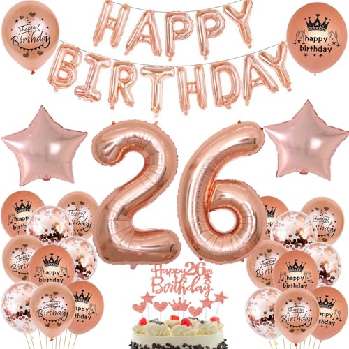 Haosell 26 Años Decoración de Cumpleaños Oro Rosa para Niñas, Juego de Decoración de Cumpleaños de Niña, Globos de Aire, Globos con Número 26, Color Oro Rosa