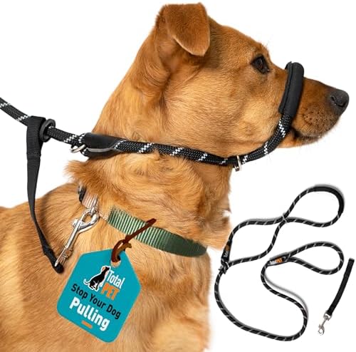 Total Pet Figure of 8 Dog Lead - Anti Pull Stop Dogs Pulling - Rope Slip Leads with Padded Nose Support (Medium/Large) Black