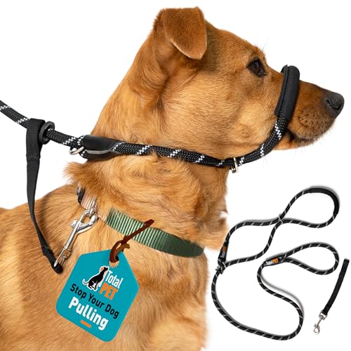 Total Pet Figure of 8 Dog Lead - Anti Pull Stop Dogs Pulling - Rope Slip Leads with Padded Nose Support (Black Medium/Large)