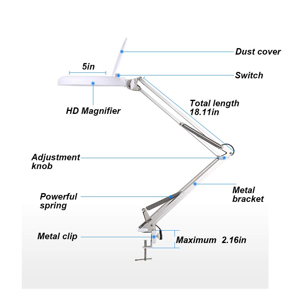 Lente d'Ingrandimento da Tavolo, Lampada con Morsetto, Lampada a LED con Supporto Pieghevole per la Lettura, Lampada da scrivania a Mani libere, Lente d'Ingrandimento per Anziani i