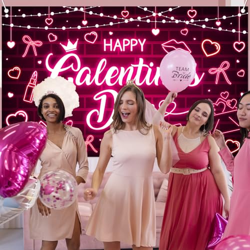 Avezano Happy Galentines Day Banner Pink Neon Galentines Day Party Decorations Backdrop Girls Ladies Valentine's Day Party Decorations Supplies (6x3.6ft) by Avezano - Image 6