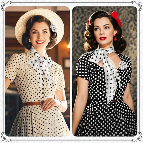 Vintage Polka Dot Long Skinny Scarf for Woman, 1950s Retro Chiffon Hair Scarf and Necktie, 50s Style Costume Accessory3