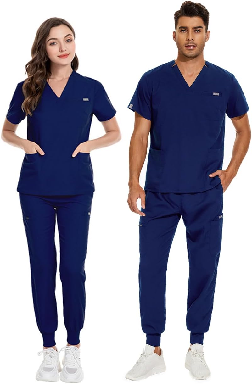Meichoon Medical Uniforms V-Neck Stretch Scrubs Top Short Sleeve with 3 Pockets Stretch Yoga Jogger Pants Elastic DK09
