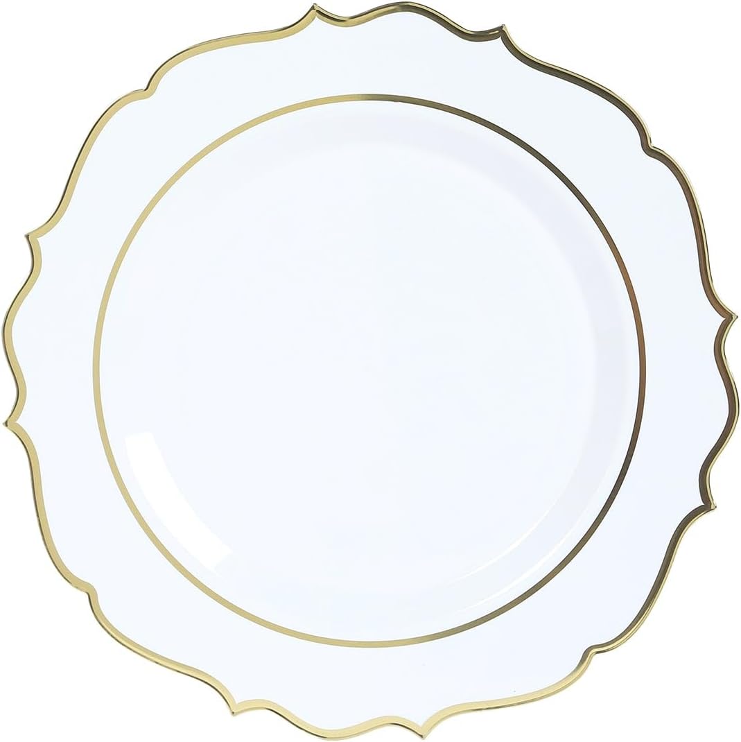 Efavormart 10-Pack 13" White Economy Plastic Charger Plates with Gold Scalloped Rim, Round Dinner Serving Trays for Formal Weddings and Traditional Banquets