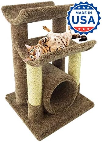 CozyCatFurniture 30" Carpet Cat Furniture Tree | Two Large Cradles & Tube | Two Sisal Scratching Posts | Brown Carpet