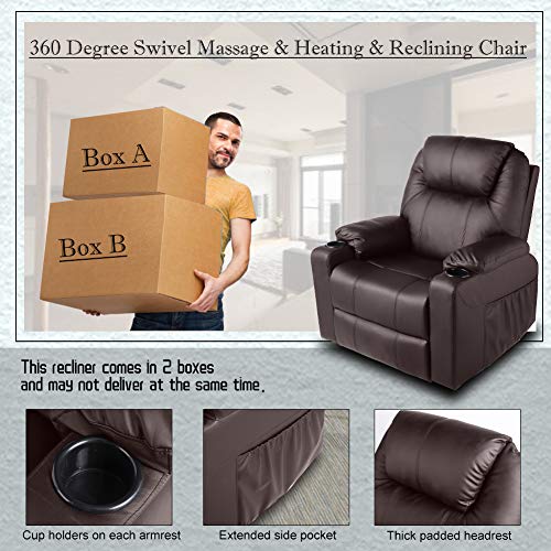 MAGIC UNION Modern PU Leather Massage Recliner Chair Rocking and 360°Swivel Heated Ergonomic Living Room Lounge Chair Single Sofa with 2 Cup Holders and Side Pockets Wireless Remote Control