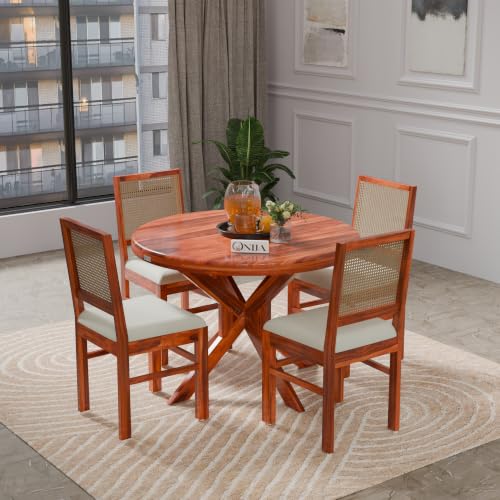 Image of ONIJA Solid Sheesham Wood 4 Seater Rattan Cane Dining Table Set with Cushioned Chairs for Dining Room | Living Room | Home & Office | Hotels Restaurant & Cafe (4 Seater, Honey Finish)