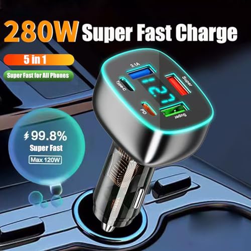 5 Port USB C Car Phone Charger with Voltage Display Dual PD 30W Super Fast for MacBook iPhone 16 15 Pro Max Samsung 100W Max Super for Huawei/Android Phones Cigarette Lighter Adapter with Volt Meter