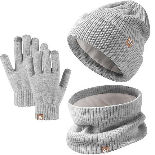 Enwokran Niños Conjunto de Bufanda Gorro Guantes, Forro Polar Beanie Gorro Sombrero Cálido con Pompon,Alta Elasticidad Bufanda,Guantes Tactiles de Alta para Niños Niñas 5-12 Años (Gris)