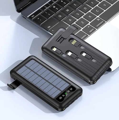 Power Bank 20000 mAh, batería Externa Solar de Carga rápida, Cargador portátil 4 Conectores USB, Micro USB, USB C, iPhone y Linterna, Compatible con Smartphone, iPad, tabletas