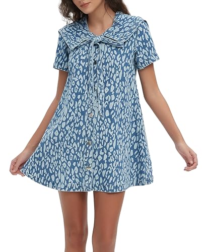 D-Sun Women's Denim Mini Dress Summer Short Sleeves Leopard Print Denim Babydoll Dress Navy Collar A-Line Jean Dresses