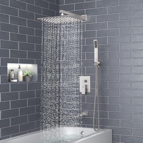 SR SUN RISE 12 Inches All Metal Shower System with Tub Spout Square Rain Shower Head and Handheld Combo Shower Fixtures, Bathtub Faucet Set, Shower Valve and Trim Kit, Brushed Nickel - Image 3