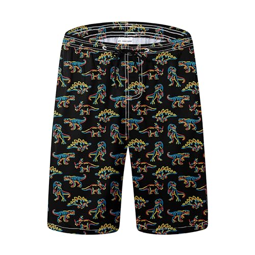 FT FENTENG Mens Swim Trunks for Men, Retro Neon Dinosaur Mens Board Shorts Swimwear Bathing Suit with Mesh Lining, Funny Hawaii Quick Dry Beach Shorts for Men Swimming Trunks, Small
