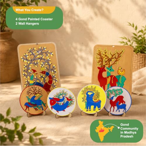 Image of Kores Gond Art Kit for Kids | DIY Indian Folk Art Painting Kit | 4 Illustrated Coasters + 2 Wall Hangers + Stands | Acrylic Colours, Sketch Pens, Brushes & Manual |