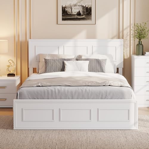 PVWIIK Full Size Bed Frame with Adjustable Headboard,White