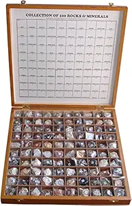 Rocksmins Collection of 100 Rocks & Minerals for Education in Wooden Box Rare & Commen 100 Specimens