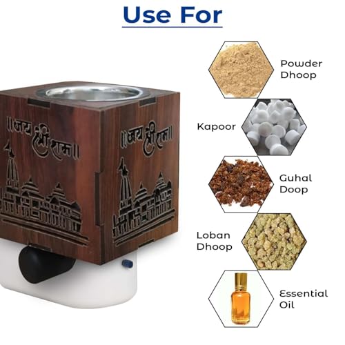 Image of Wooden Kapoor Dani Electrical Camphor Burner Diffuser with 10 Mantra Sound for Home /LED Light /Volume Control /Mantra Change Button and Direct Plug with On /Off Switch for Heating