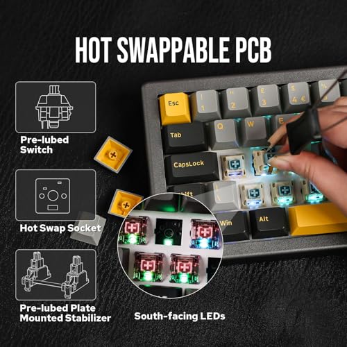 EK68 65% Guarnizione Tastiera Meccanica NKRO con Manopola, Layout ISO (UK), Tastiera da Gioco Hot Swap a Tripla Modalità con Batteria 3000mAh, RGB per Win/Mac (Gateron Pro Black, Oro Nero) - Tastiera gaming - Immagine 4