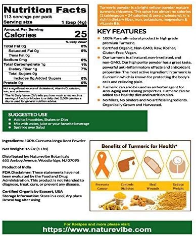 Premium Quality Organic Turmeric Root Powder with Curcumin (5 lbs - 5 Packs of 1 lb each), Gluten-Free & Non-GMO (80 ounces) | Indian Seasoning