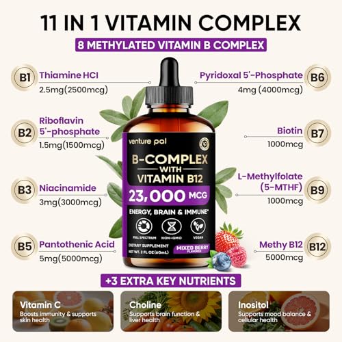 Image of Vitamin B Complex 23000mcg - Methyl B12| B9 Folic|B7 Biotin,B1,B2,B3,B5,B6 | Vitamin B Complex Liquid Drops for Men & Women with Vitamin C, Choline & Inositol for Energy, Immune & Brain Support - 2Oz
