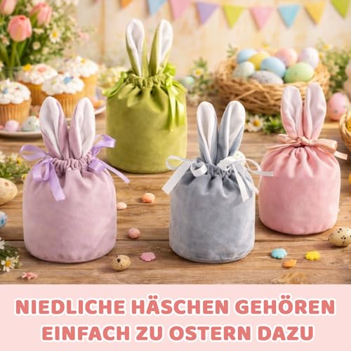 4 Stück Osterkörbchen, Ostertasche, Samt Säckchen mit Häschenohren, Osterbeutel Stoff，Ideal für Osterkörbchen zum Befüllen, Ostern Taschen für Geschenken