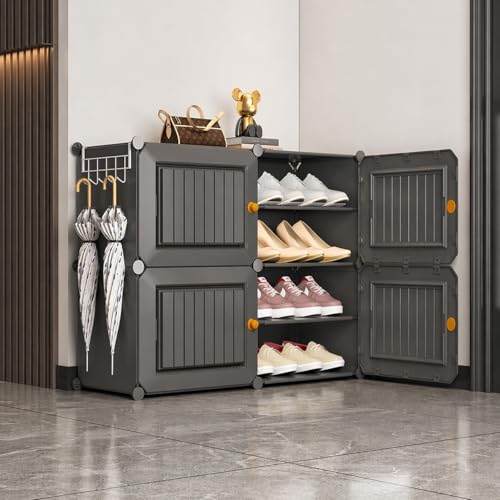 Image of Sunderlook Shoe Rack Plastic for Home- Slipper Stand, Professional Shoe Stand, Chappal Stand, Multipurpose Foldable Standing Comfort Runner Shoe Rack with Door (Charcoal Grey, 8 Shelf 4 Door)