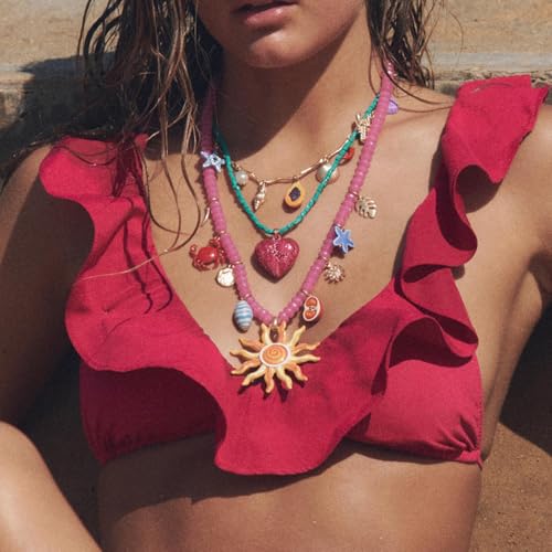 Bohemian Beaded Pendant Necklace for Women fashion Stacking Sea Life necklace Gold Adjustable Sun Flower Shell Crab Love Necklace Summer Beach Surfer Jewelry for Women4