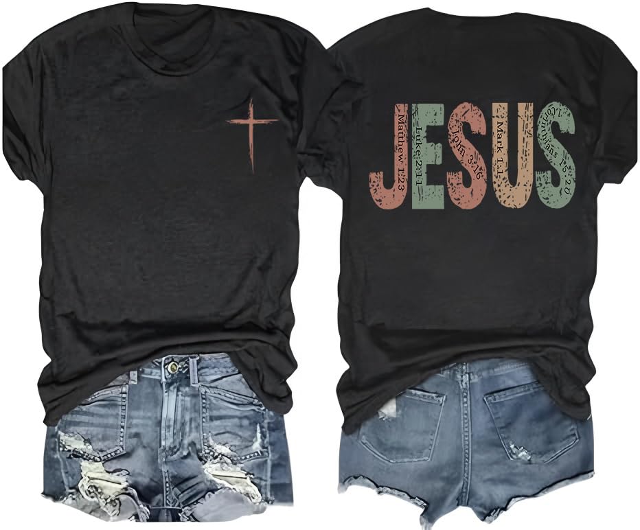 Image of Christian Shirts for Women Jesus Tees Faith Shirts Bible Verse Print Tops | Jesus Shirts for Women,Christian Faith Tee,Vintage Cross Print,Bible Verse,Religious Love Jesus Tops,Religious Scriptures