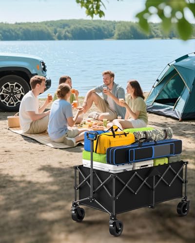 Kitsure 230L Bollerwagen faltbar 200KG Belastbar – Handwagen mit verstellbarem Griff, Offroad-Rädern, Transportwagen für Camping, Garten, Strand & Einkäufe, Schwarz, 115×60×96cm