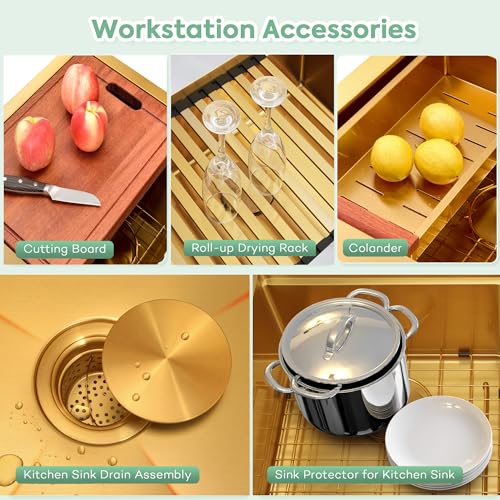 Image of Gold Undermount Kitchen Sink,16 Gauge SUS304 Stainless Steel All In One Workstation Sinks with Full Set Accessories, 32 inch x 18 inch x 10 inch Large and Deep Handmade Single Bowl Kitchen Sinks
