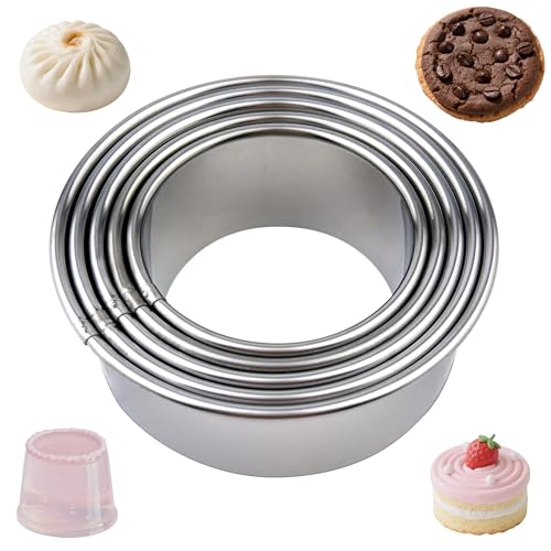 5-Piece Stainless Steel Round Cookie Cutters Set (2/2.5/2.7/2.8/3.2 Inch) Professional Circular Biscuit Cutters for Baking Cake Donuts Pastry Dough Durable Metal Baking Molds with Rolled Edge