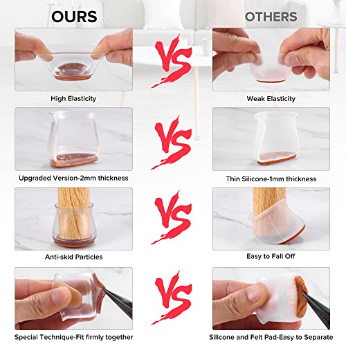 Upgraded Silicone Chair Leg Floor Protectors for Hardwood Floors, Furniture Sliders, Felt Bottom Furniture Pads, Round&Square Cap Covers to Scratch and Reduce Noise, Transparent, 24pcs