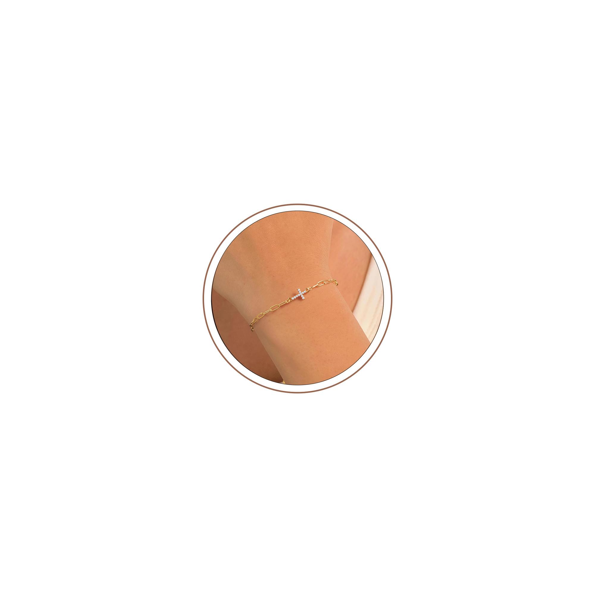 Turandoss Paasgeschenk voor vrouwen - Gouden kruisarmband voor dames en meisjes, delicaat 14K verstelbaar armband, gepersonaliseerde christelijke sieraden, paasgeschenken voor dames en meisjes, 21,6