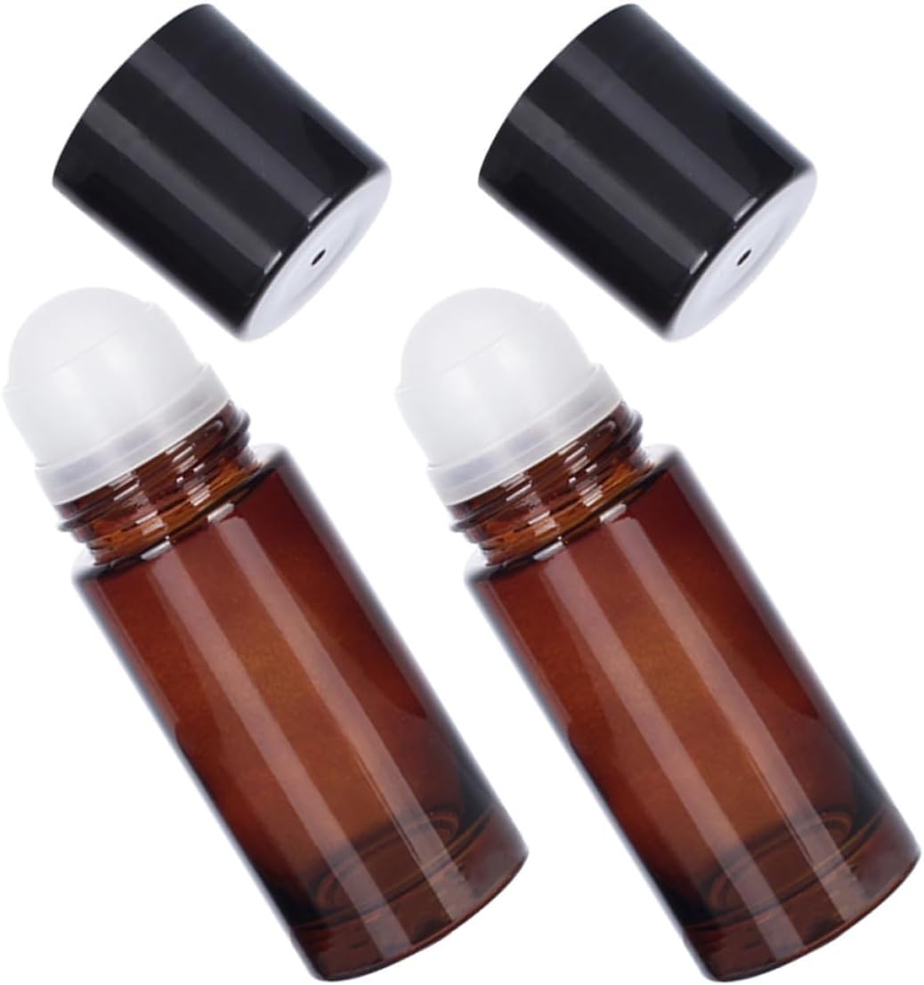 MERRYHAPY Amber Glass Essential Oil Roller Bottles with Portable Design 50ml 2pcs Leakproof Refillable Roll on Bottles and Sunlight Blocking for Travel