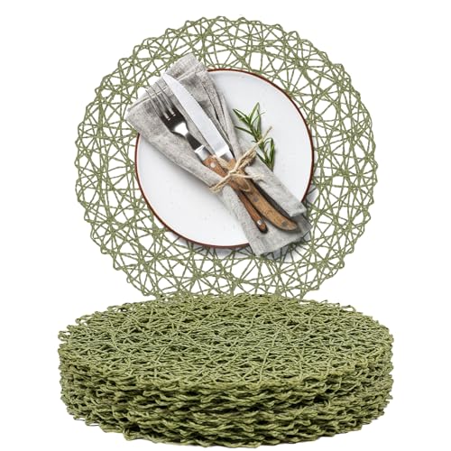 AHHFSMEI Paper Braided Round Placemats Set of 12 Natural Non-Slip Heat Resistant Table Mats for Dining Tables Woven Indoor & Outdoor Place mats(Green 12)