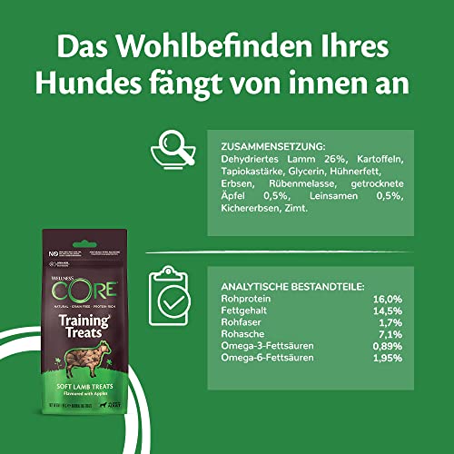 Wellness CORE Training Treats 170g, Lamm & Apfel – sanfte Hundeleckerli für alle Hunderassen, getreidefrei, natürlich, hypoallergen, proteinreich, hoher Fleischanteil, ideale Größe für das Training