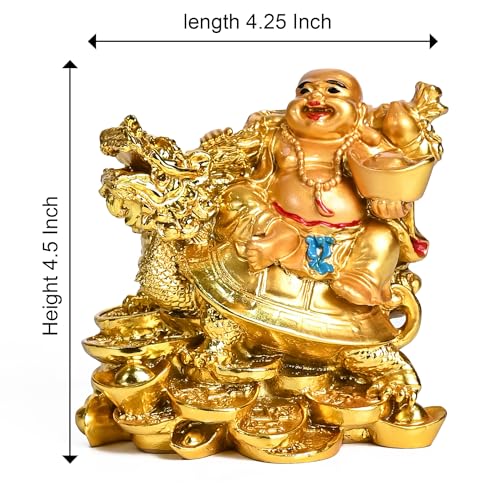 Image of ZAICUS Golden Laughing Buddha on Dragon Tortoise with Ingot - 4.5-Inch Feng Shui Good Luck Statue for Wealth, Happiness, and Prosperity | Decorative Figurine for Home & Office