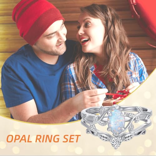 1ct Oval Opal Engagement Rings for Women Genuine Opal Rings Set 925 Sterling Silver 2pcs Art Deco Vine Leaf Wedding Ring Sets Anniversary Promise Ring4
