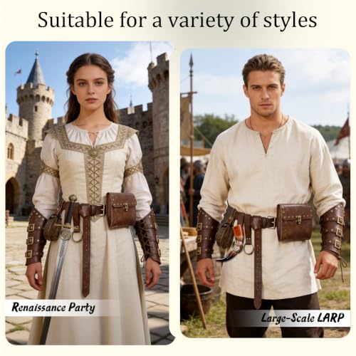 Image of Renaissance Belt Pouch Medieval Viking Leather Bracers Set for LARP